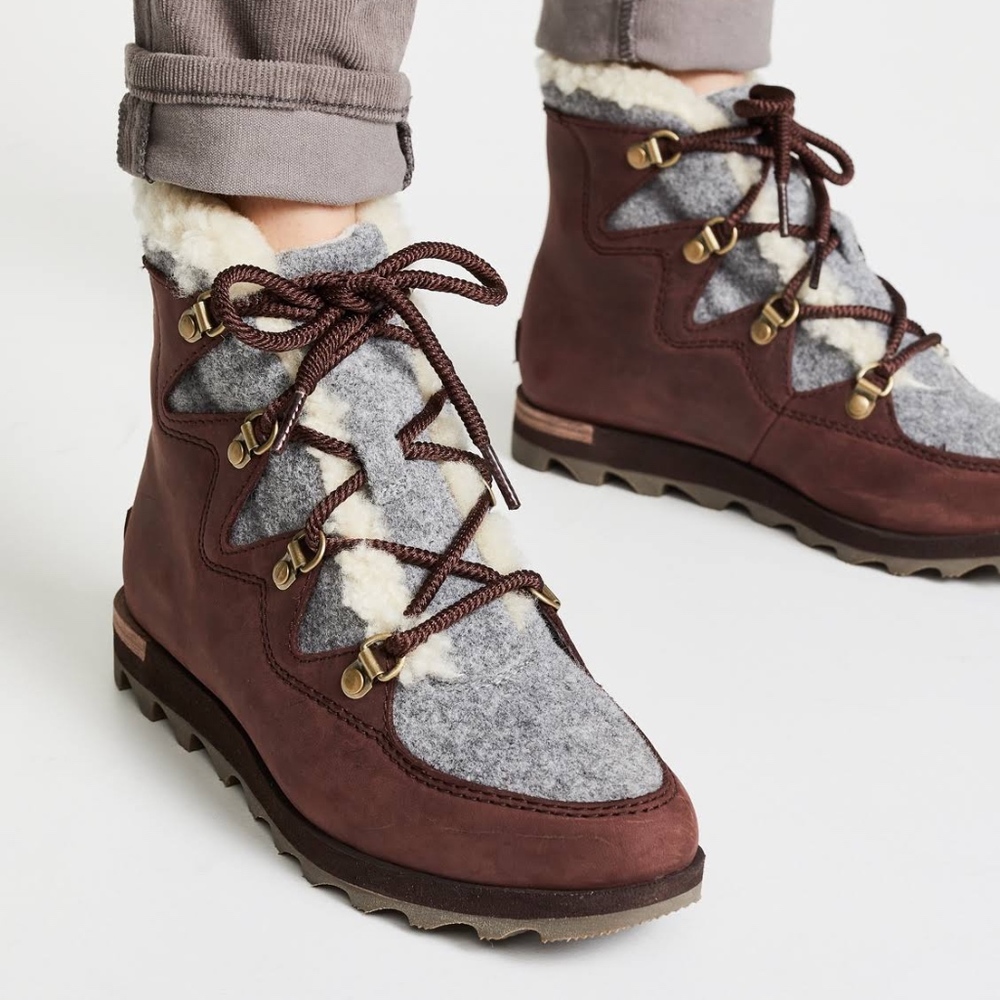 Sorel Brown Leather & Gray Wool Lace-Up Winter Boots